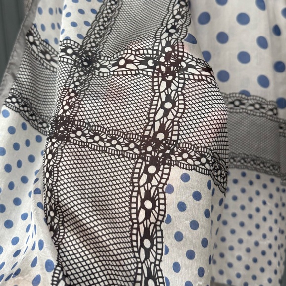 Vintage Sheer Blue Polka Dot Scarf Black Lace Border 70x42 Oversized Wrap - Picture 10 of 13